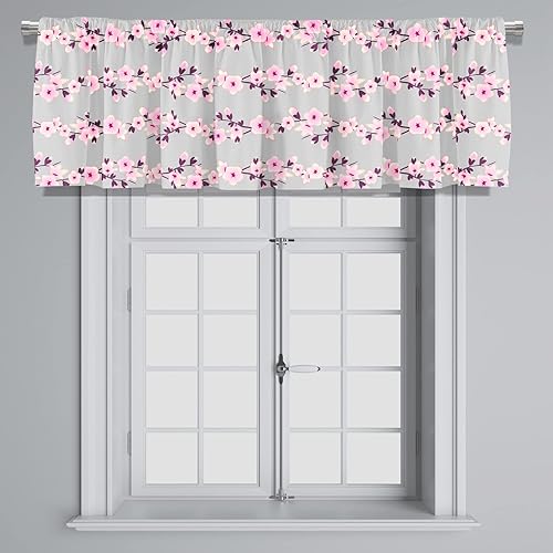 Miniatura 3 de Cenefa de cortina corta opaca con estampado floral de cerezo rosa y gris, bolsillo para barra, para decoración de cocina, dormitorio, 52 x 18