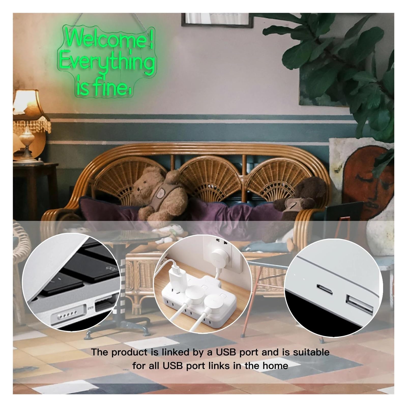 Luces de neón Letrero De Neón Welcome Everything Is Fine Regulable Con Letras Verdes Inspiradoras Para Decoración De Pared De Tiendas Pasillos Dormitorios 42cmx28.5cm