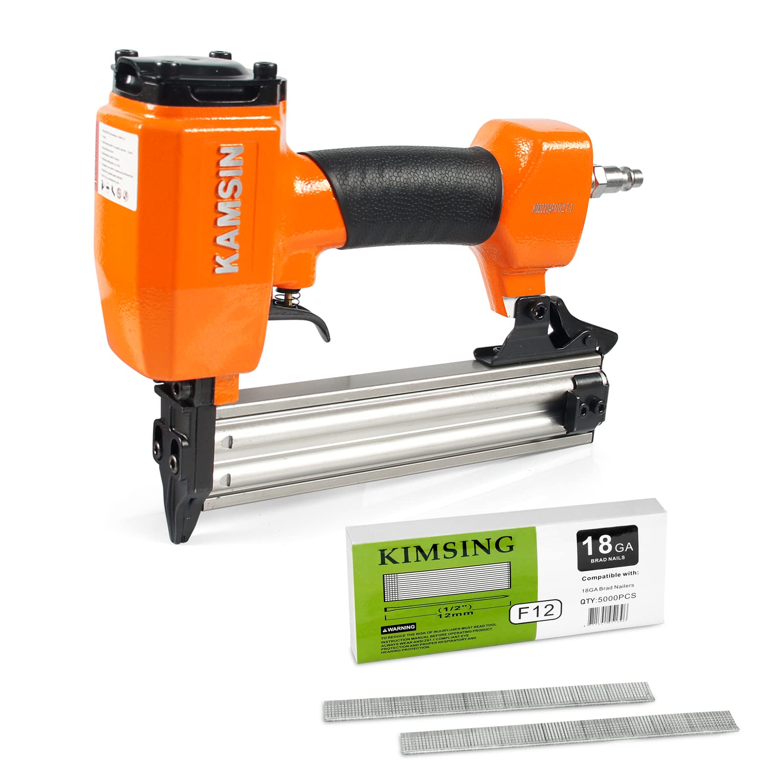 Kamsin F32 Kit de cloueuse pneumatique de calibre 18 avec 5 000 clous tressés de 12 mm de longueur, accepte les clous tressés de 10 à 32 mm, pistolet à clouer compact pour le travail du bois, les