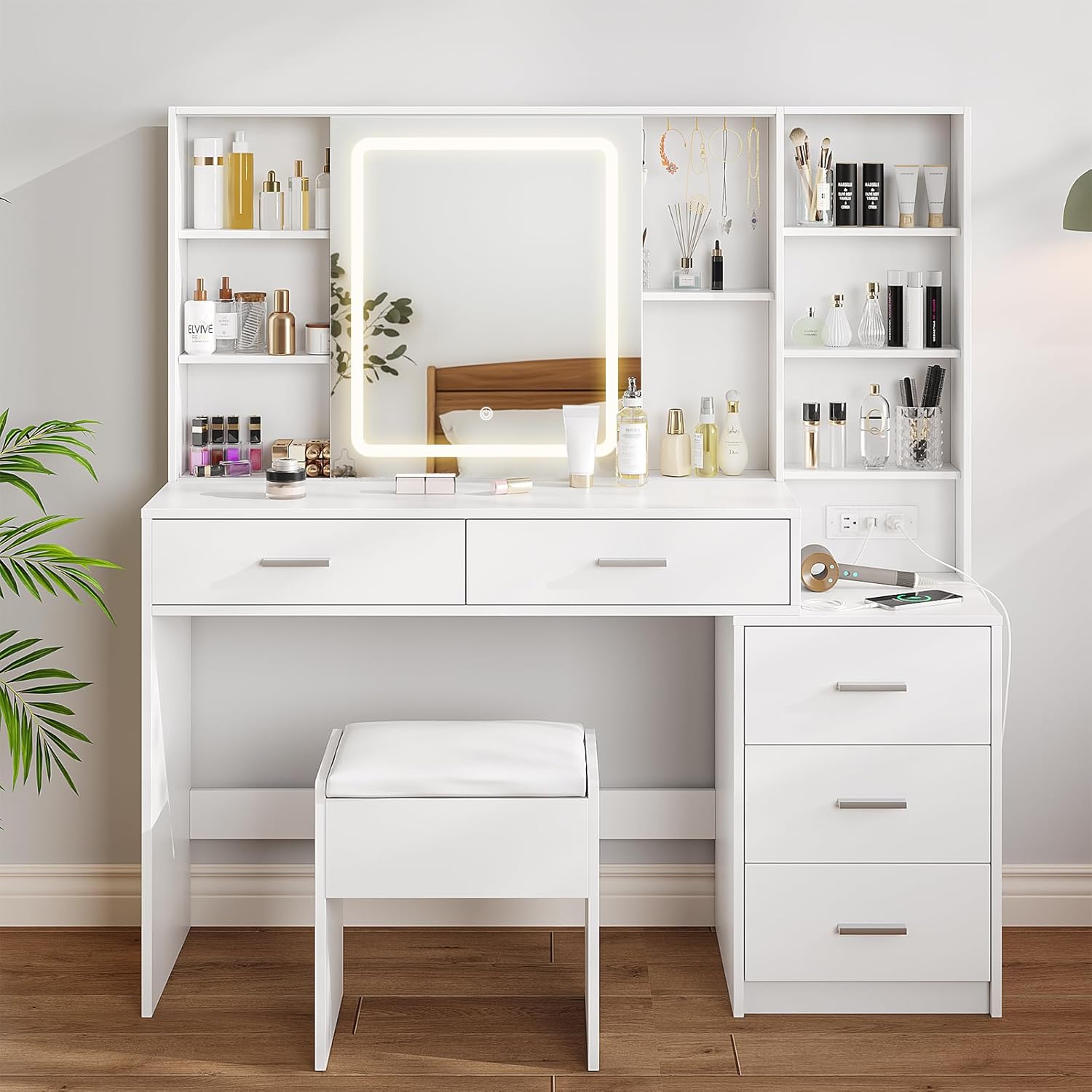 Maupvit Makeup Vanity with LED Lighted Sliding Mirror, White Vanity Desk with 5 Drawers, Charging Station & Hidden Storage Shelves, Adjustable Brightness, Dressing Table Stool Set for Bedroom