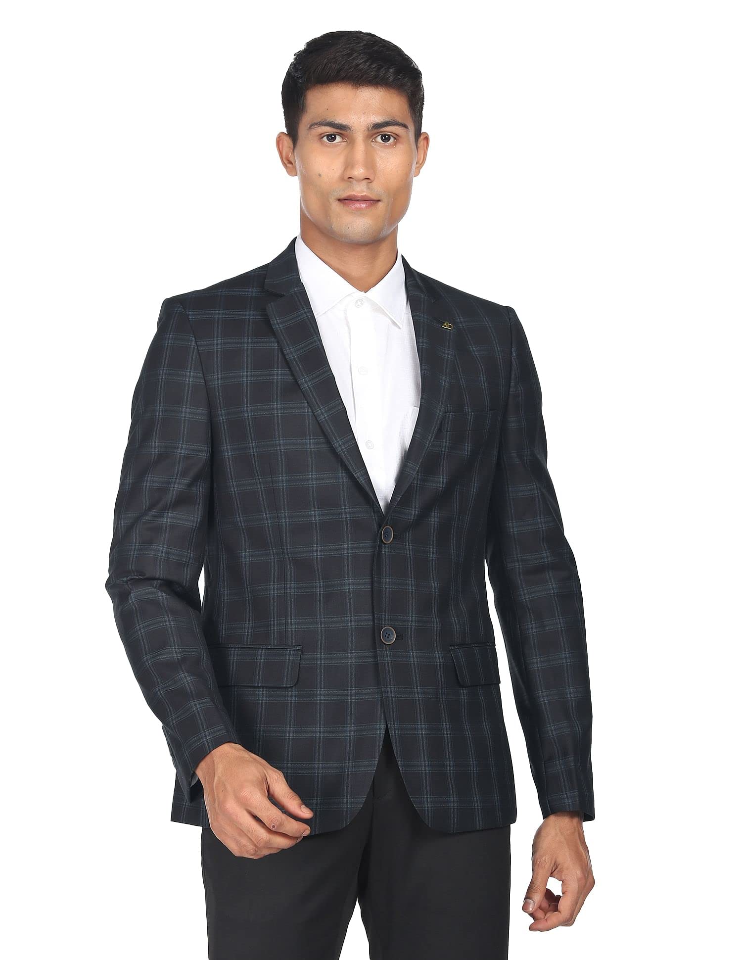Men Dark Grey Windowpane Check Tailored Fit Blazer-image-5