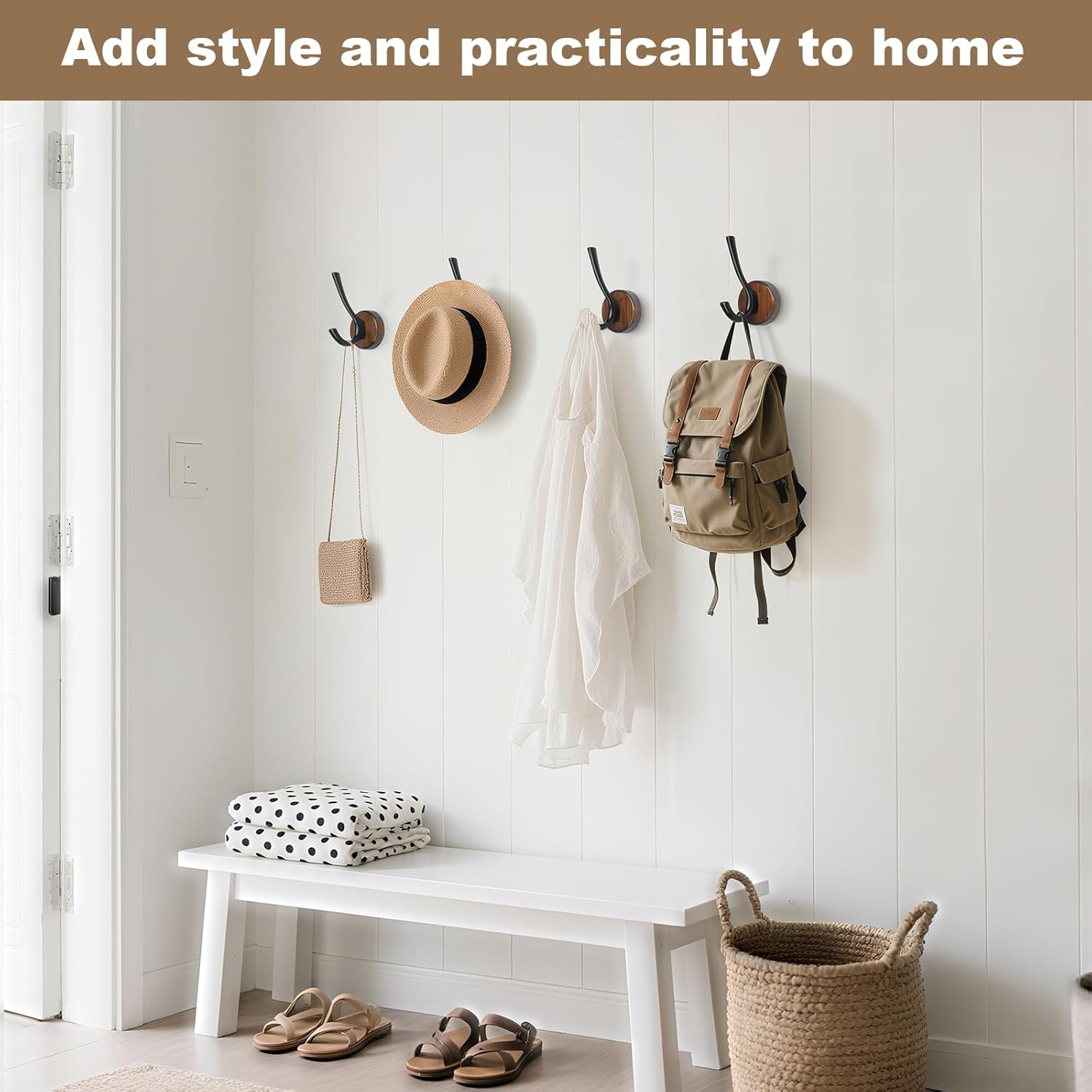 kuaima Coat Hooks Wall Mount, Round Walnut Wood Wall Hanger with Metal Double Hooks, Towel Robe Hooks Heavy Duty, Small, 4 Pcs - Image 2