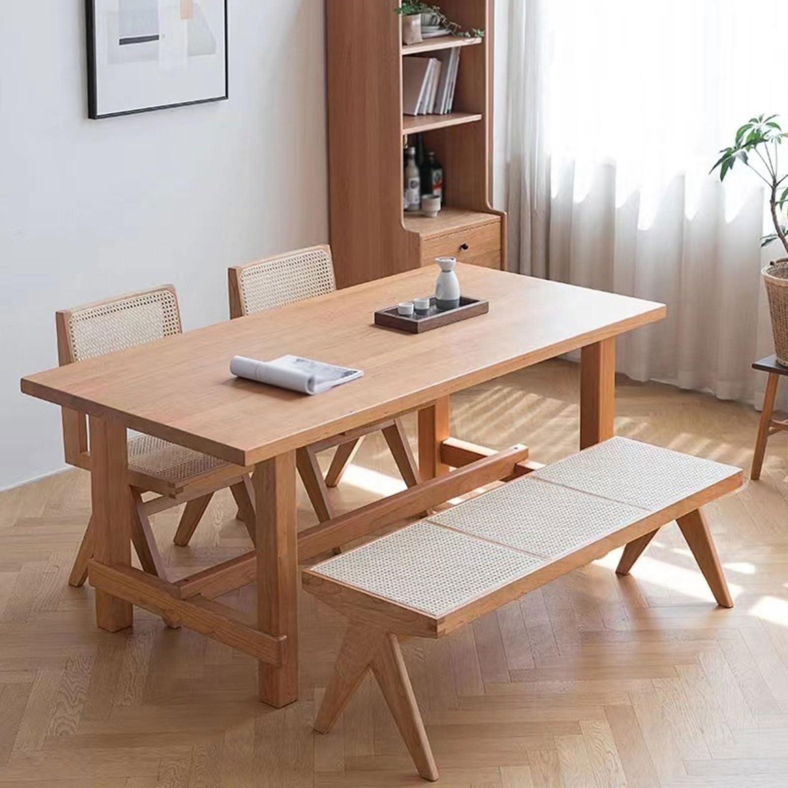 Banco Entrada Recibidor Seduta Doppia Lunga In Vimini Robusto Madera Sin Respaldo para Pasillo, Baño, Cocina, Dormitorio(Cherry)