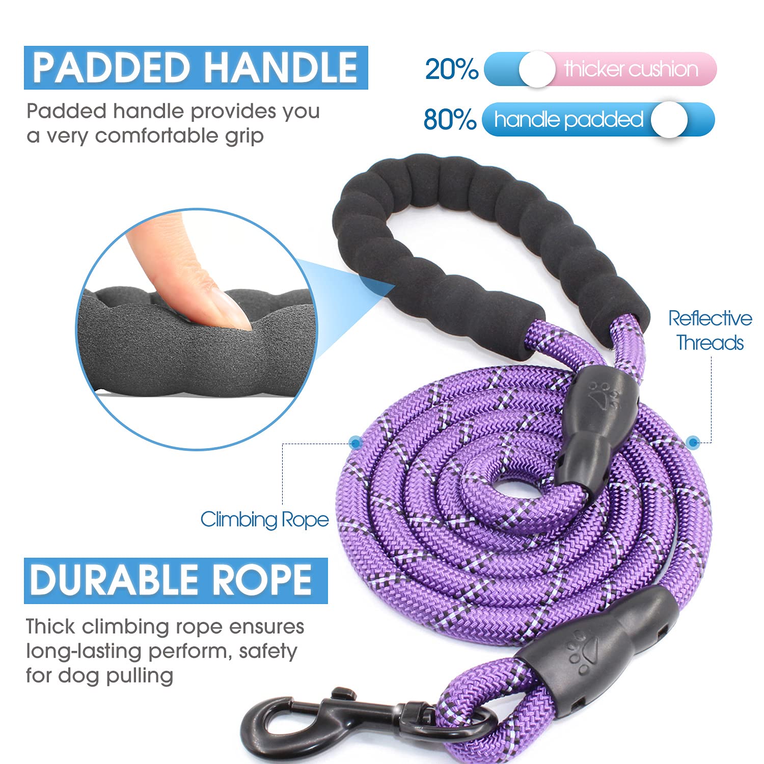 BAAPET Correa de Perro Fuerte de 5 pies con cómodo asa Acolchada e Hilos Altamente Reflectantes para Perros pequeños, medianos y Grandes (1/2 Pulgadas, Morado)