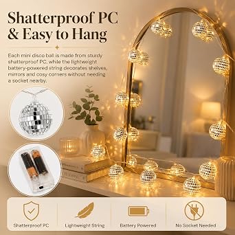 ABOOFAN Disco Ball String Lights 1.8m with 10 Mirror Balls, Warm White Glow [Energy Class A]