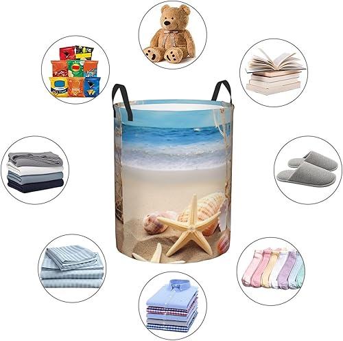 Miniatura 6 de Cesta circular impermeable con estampado de estrellas de mar y conchas marinas, con asas para ropa, juguetes, tamaño mediano