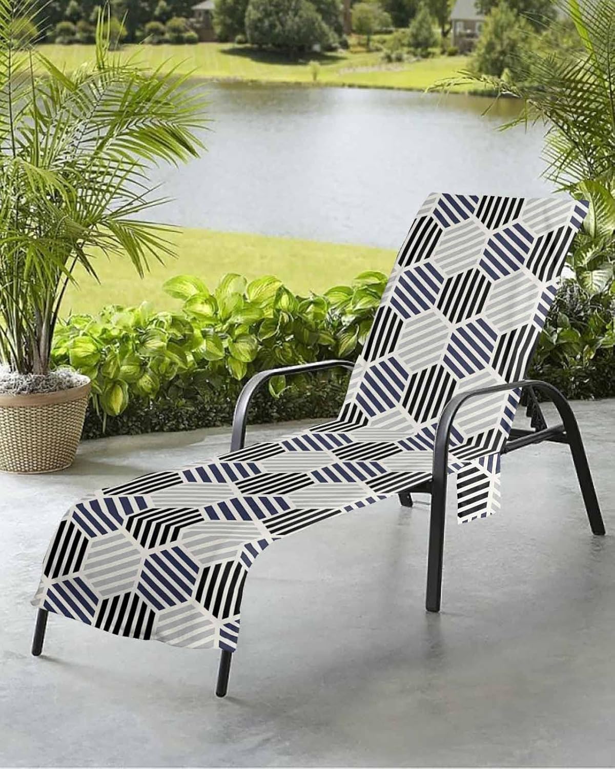 Modern Geometric Art Beach Pool Patio Lounge Chaise Chair Cover Towel With Pockets,Absorbent & Quick Dry Microfiber Towel Cover Bag Summer Accessories for Sunbathing Abstract Black White Grey Stripes
