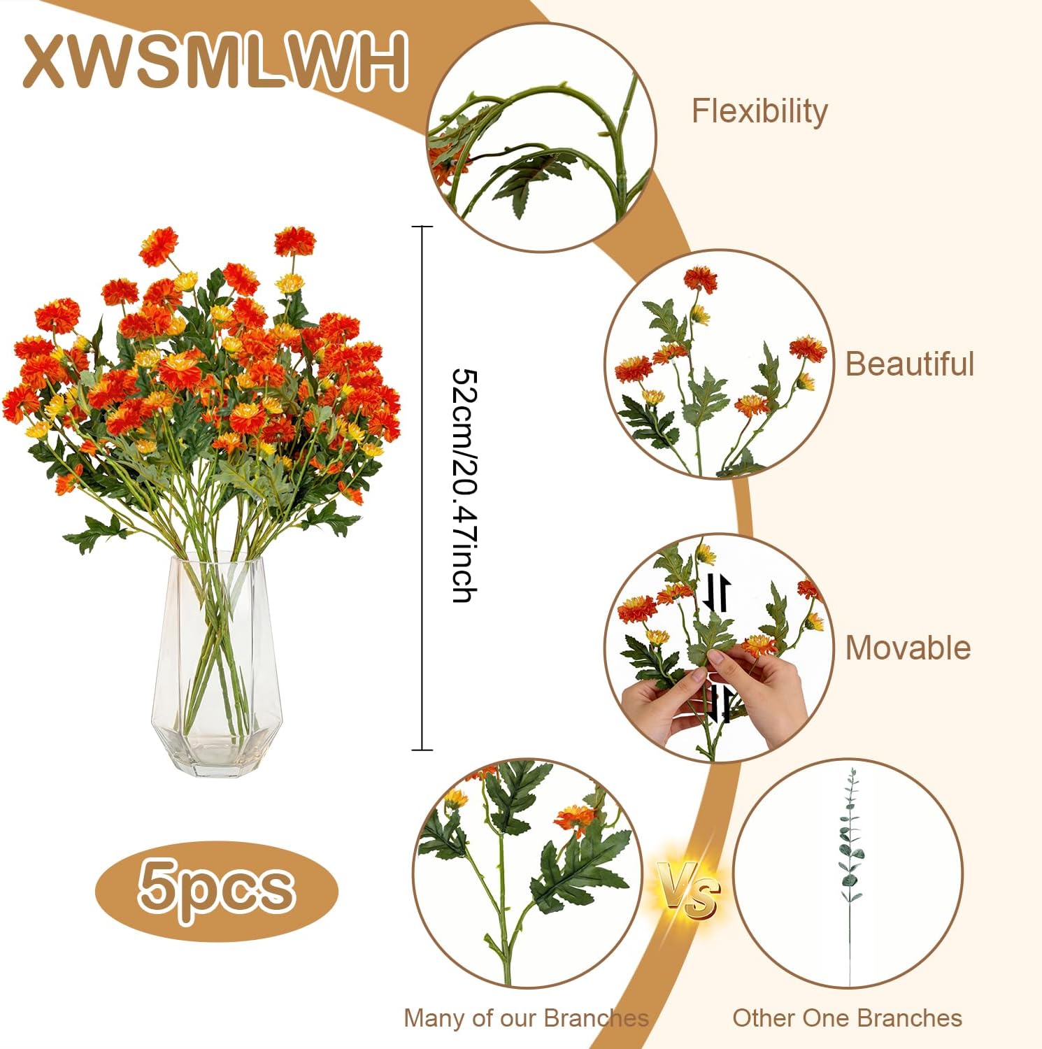 5 Bundles Daisy Flowers for Outdoor Planters, UV Resistant Colorful Silk Daisies Faux mums for Outdoor planters, Faux Daisy Stems for Porch,Yard and Patio, Orange Yellow