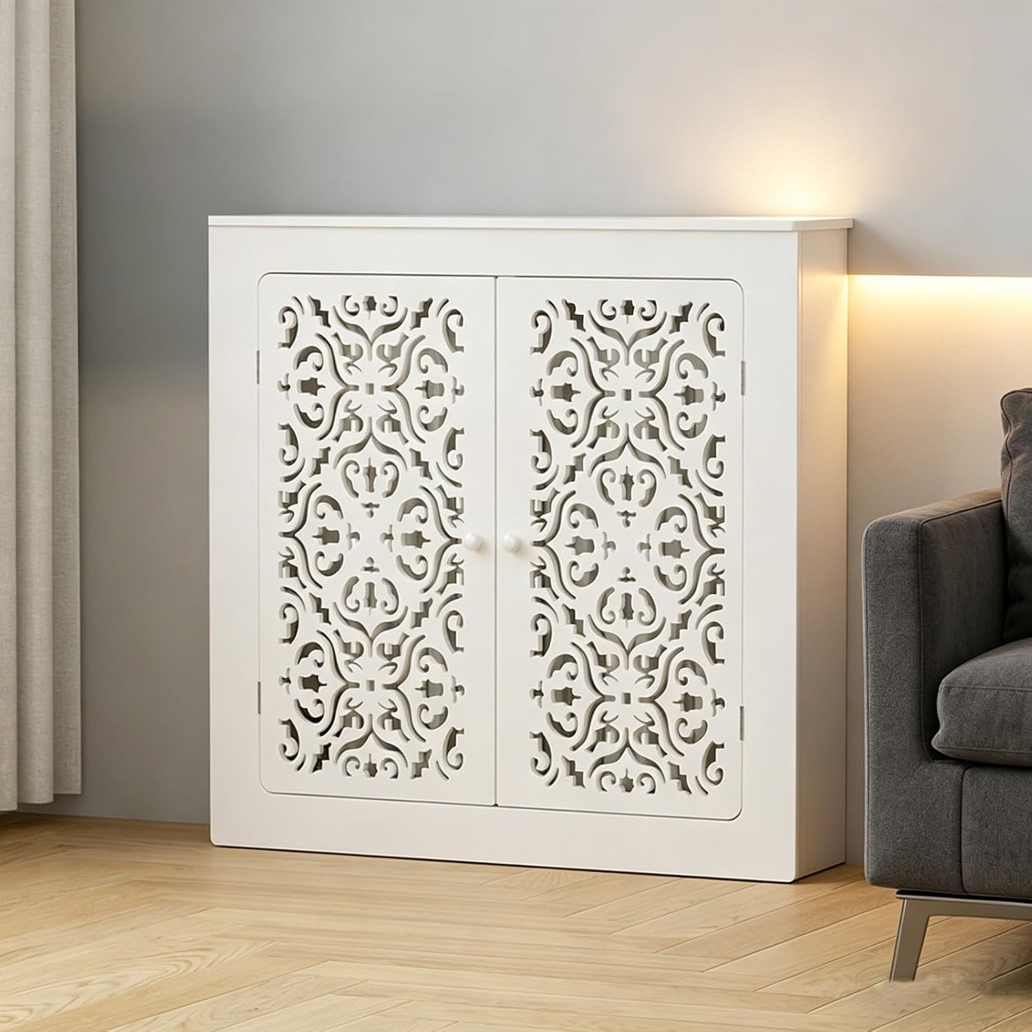 MDF White Breathable Radiator Covers, Modern Radiator Covers, Heater Decoration Covers for radiators, Radiator Cabinet Shelf with Storage Platform, steam with 2 Doors.(L50*W15*H60cm)