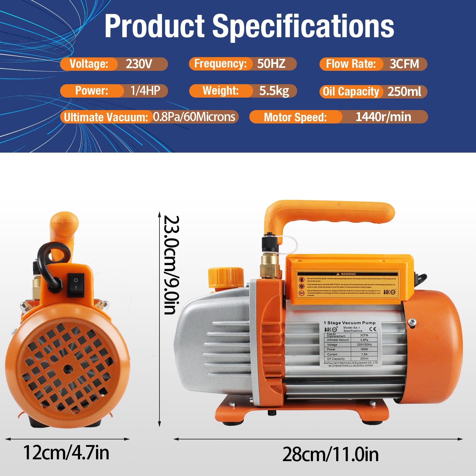 BACOENG Pompa a Vuoto 3 CFM per Refrigerazione e Climatizzazione, Pompa Monostadio 1/4 HP, 1440 giri/min, Elettrica per Sistemi di Refrigerazione Automotivi