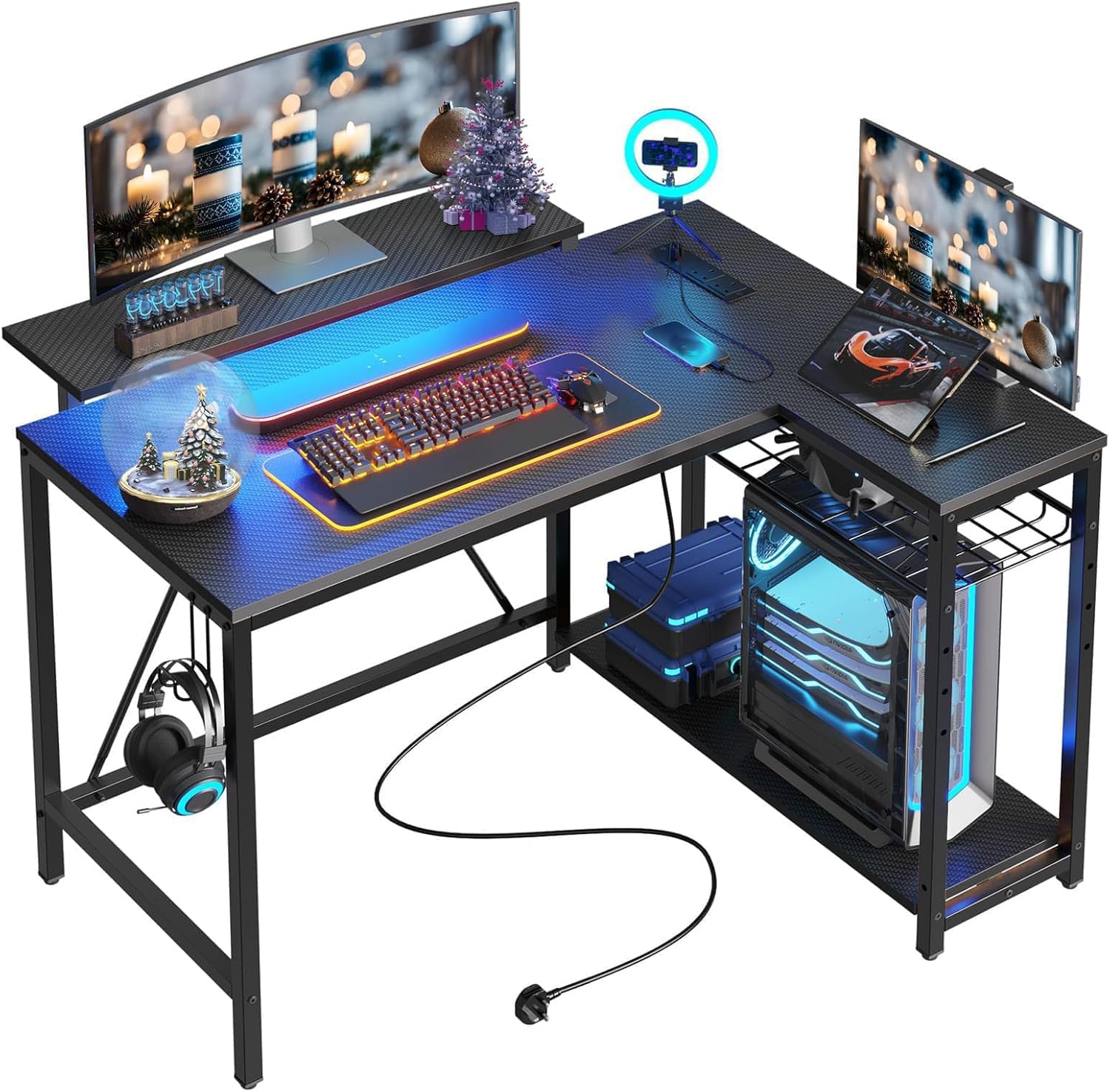 Bestier Gaming Desk with Power Outlets, 42" L-Shaped Computer Desk with LED Lights, Desk with Reversible Storage Shelves & Hooks for Small Spaces, Bedrooms & Offices, Black Carbon Fiber