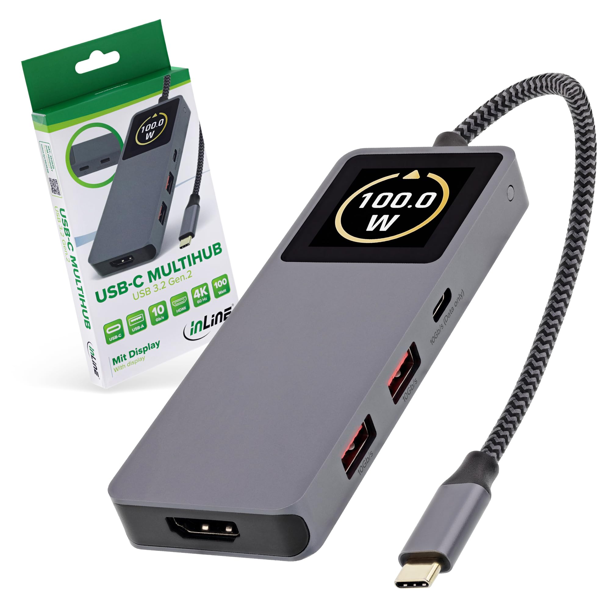 Inline Koncentrator USB 3.2 Gen.2 z 3 x USB-C, 2 x USB-A, HDMI 4K, PD 100 W, wyświetlacz, szybki transfer danych, kompatybilny z Windows macOS Linux, 35392D