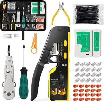 RJ45 Crimp Tool Kit, Pass Through Crimper for Cat6/Cat7, All-in-One Network Repair Set with Stripper, Cutter, Punch Down Tool, Cable Tester & Storage Case   Professional LAN Cable Kit