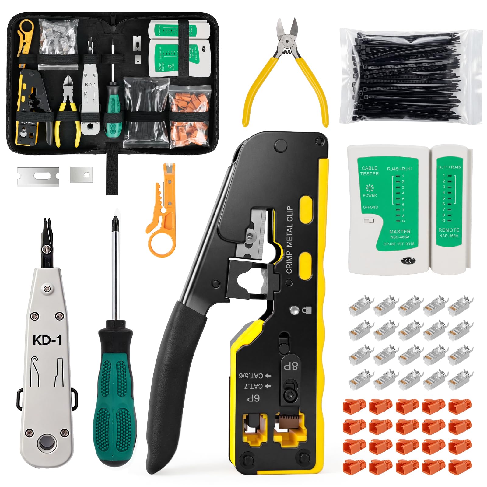 Juego de herramientas de red RJ45 con pinza de engarce, 20 x conector RJ45 Cat7/Cat6a, probador de red, herramienta de colocación LSA, pelacables, 100 x bridas de nylon, herramientas