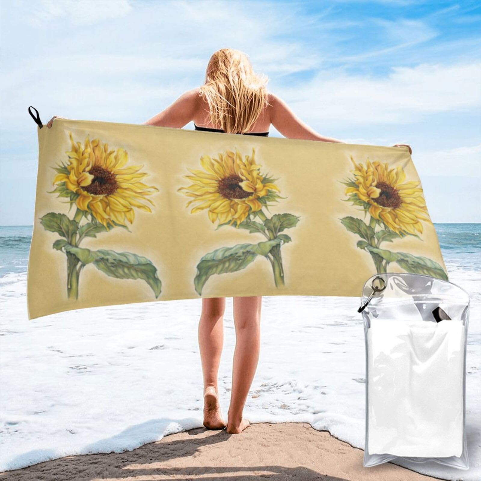 Jiuty White Art Sunflower Print Fast Dry Beach Towel Portable For Swimming Travel Gym Hiking Gift