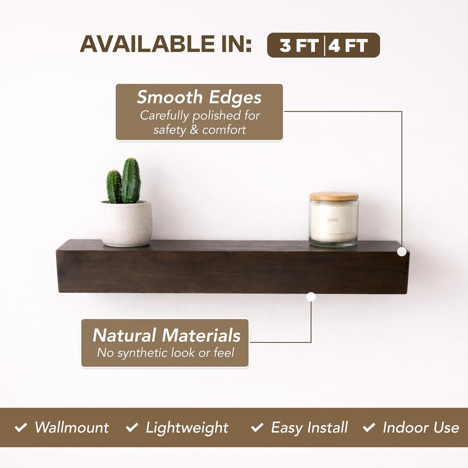 Solid Wood Fireplace Mantel Shelf, 4 Ft Floating Mantel, Dark Walnut, Lightweight Hollow Beam Look, Rustic Farmhouse Décor, Wall Mounted, Easy Installation