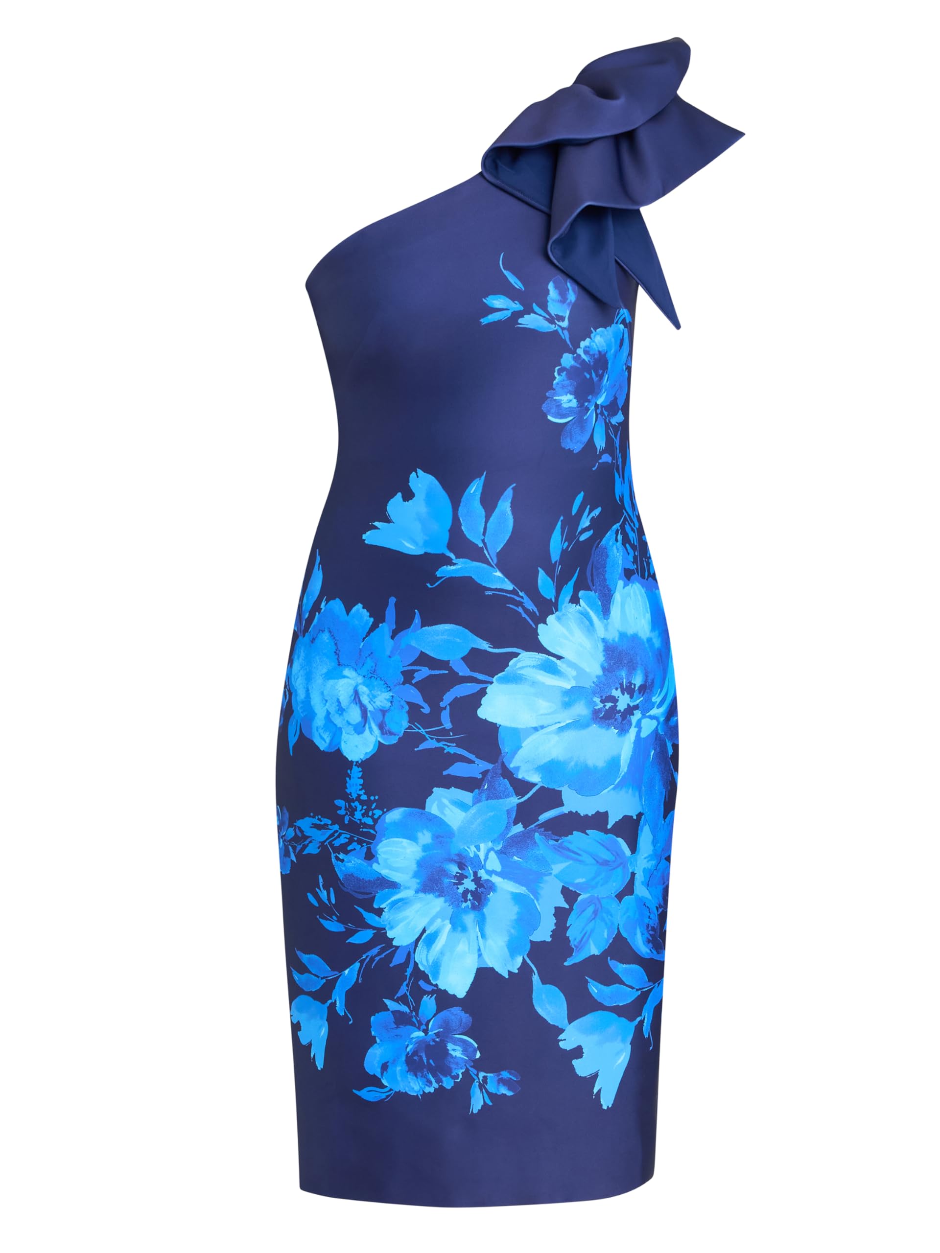 Gina Bacconi Women's Printed Asymmetric Dress with Frill Sleeve Cocktail, New Blue, 14
