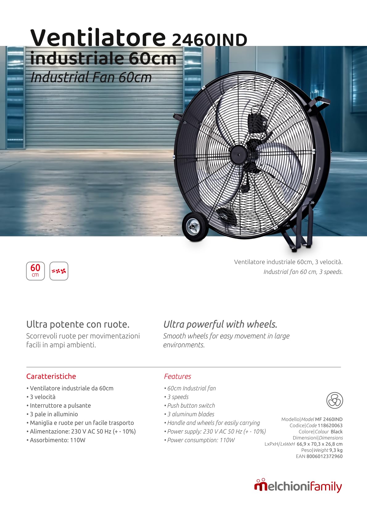 Ventilatore industriale 60CM 2460IND melchioni 3 velocità 110 Watt maniglia e ruote
