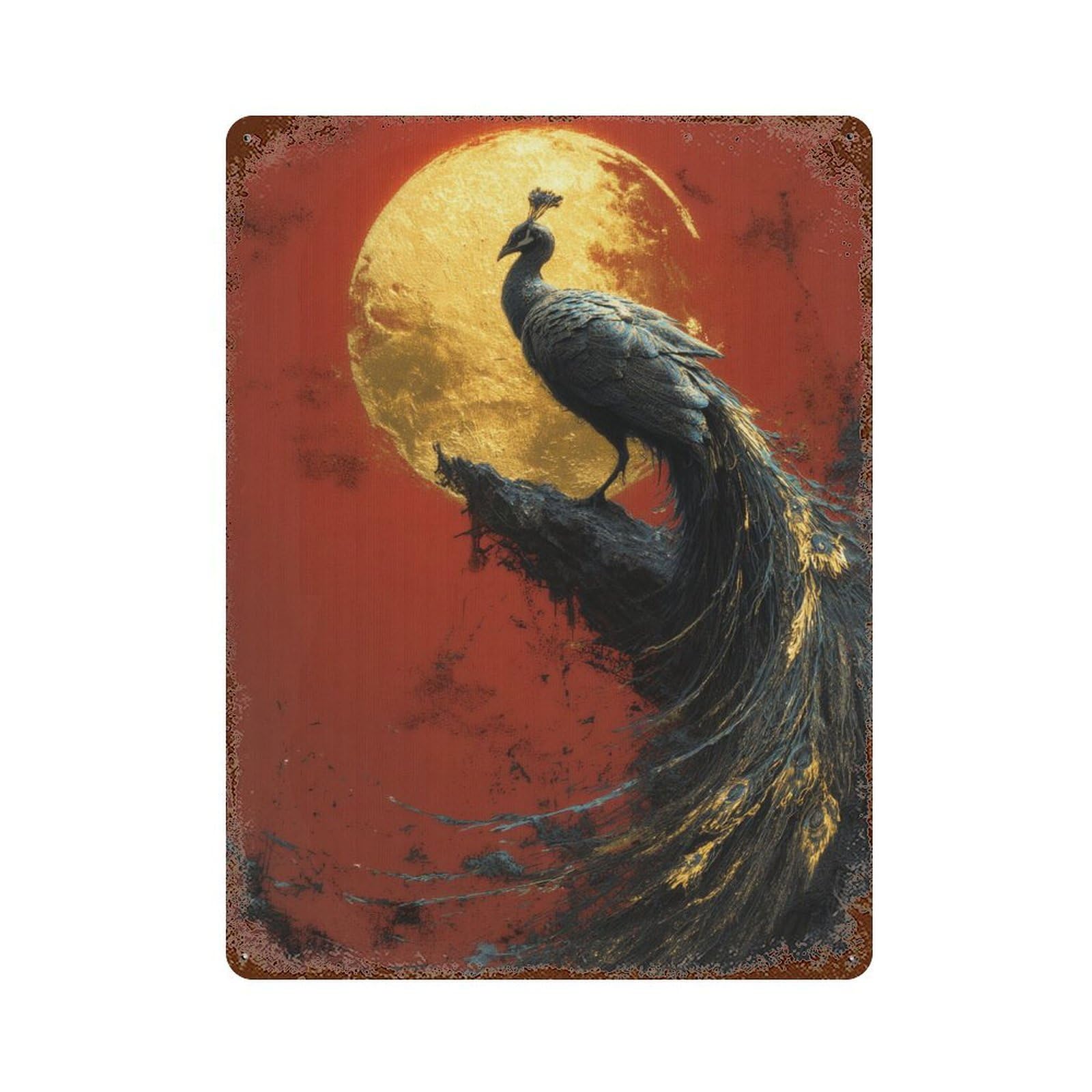 Golden Peacock Sunset Painting Aged Metal Wall Plaque 15.7"x11.8", Industrial Home Decor for Pub, Kitchen And Man Cave Decor