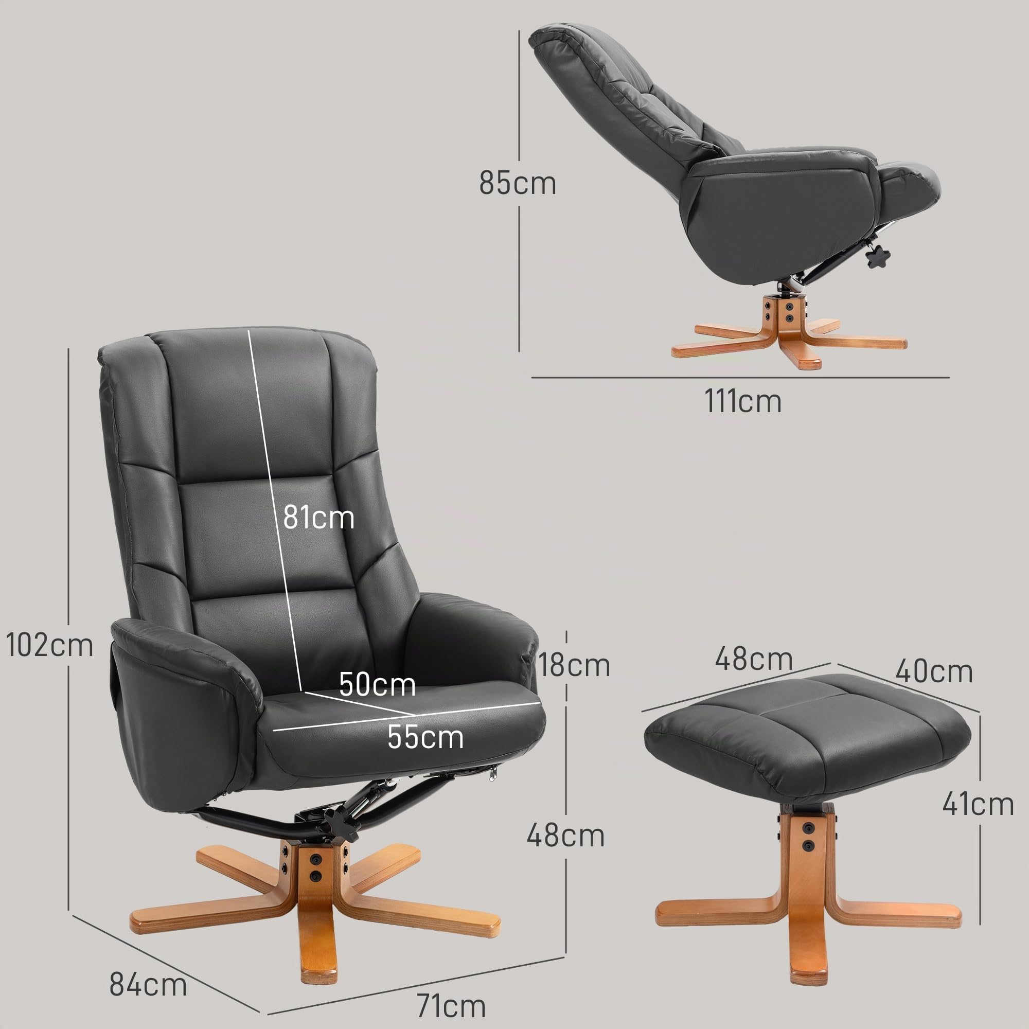 HOMCOM Relaxsessel mit Hocker, Liegefunktion, Kunstleder, Schwarz