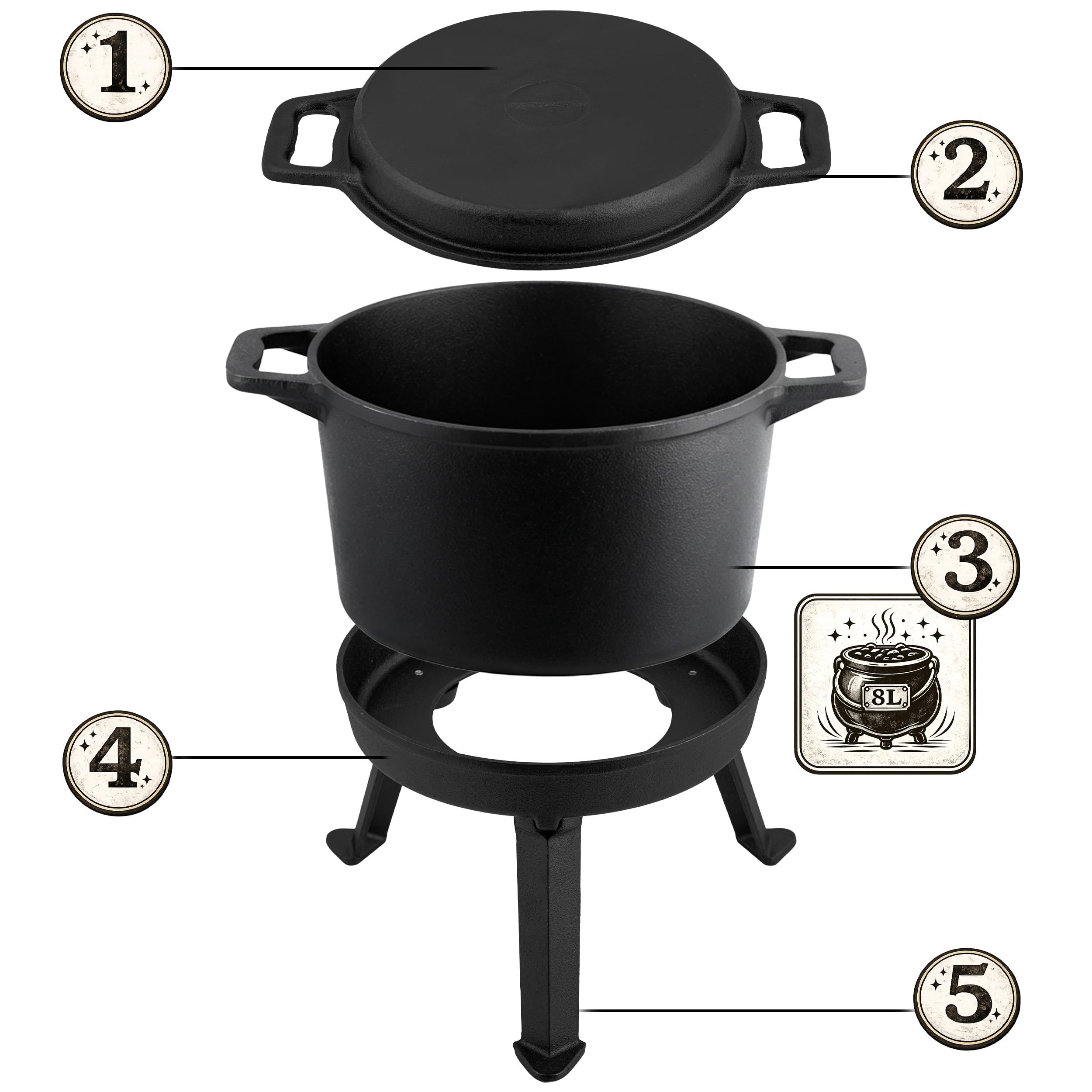 Berdsen Pentola in ghisa 8 l Dutch Oven – Pentola per fuoco per falò e barbecue, coperchio 2 in 1 utilizzabile come padella, con 3 gambe e ganci – incluso ricettario – nero