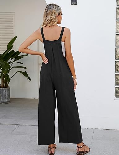 Miniatura 4 de Flygo Overol con pechera de algodón para mujer, ajuste holgado, pierna ancha, overol casual con bolsillos