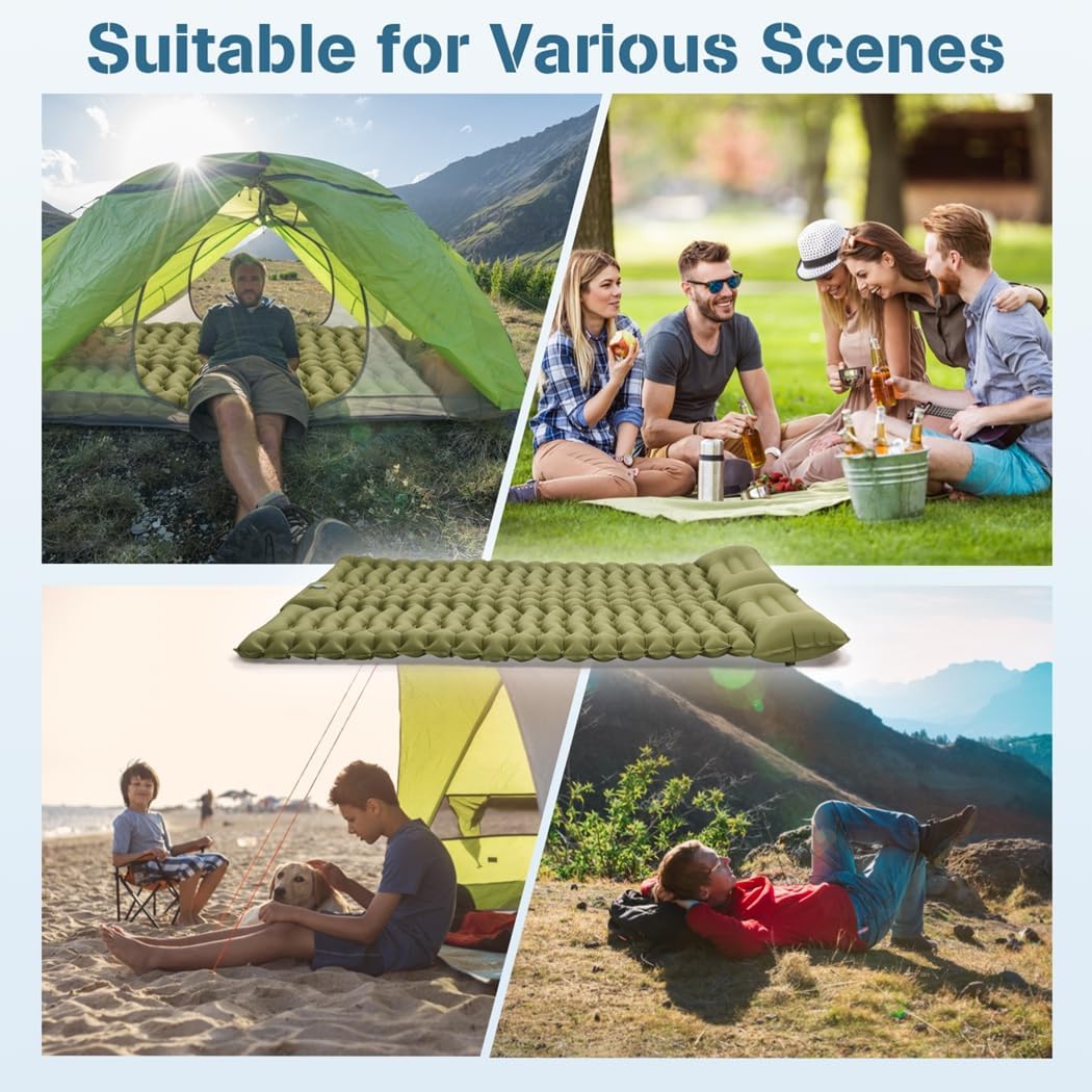 Camping Double Sleeping Pad, Inflatable 78.7 x 55 x 3.9 Inches Self-Inflating Mat with Foot Pump, Adjustable Pillow for Hiking, Climbing, Backpacking, Traveling