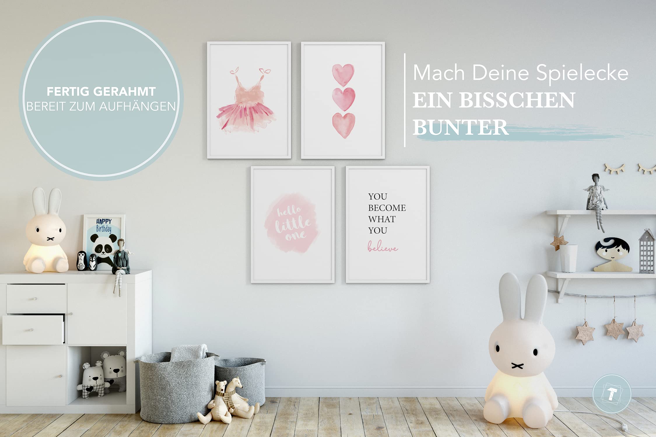 Cuadros para niños, Set de 4, A3 enmarcado en marco de madera (blanco), Regalo para niñas, Láminas decorativas para el cuarto infantil, Corazónes rosa Vestido hola pequeño, Baby Girl Dress
