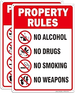 2 Pack Property Rules Signs No Alcohol, No Drugs, No Smoking, No Weapons Sign, 14" x 10" Aluminum, Fade Resistant, Rust Free Weather Resistant, Waterproof, Easy to Mount Indoor or Outdoor