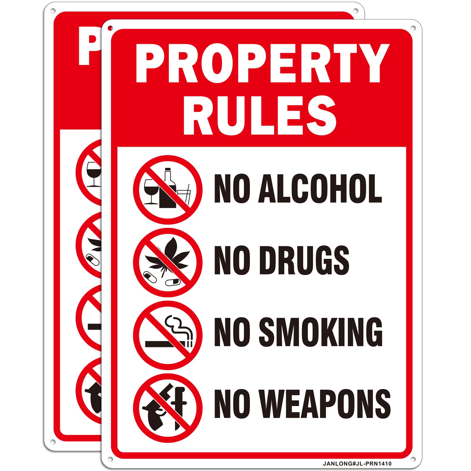 2 Pack Property Rules Signs No Alcohol, No Drugs, No Smoking, No Weapons Sign, 14" x 10" Aluminum, Fade Resistant, Rust Free Weather Resistant,