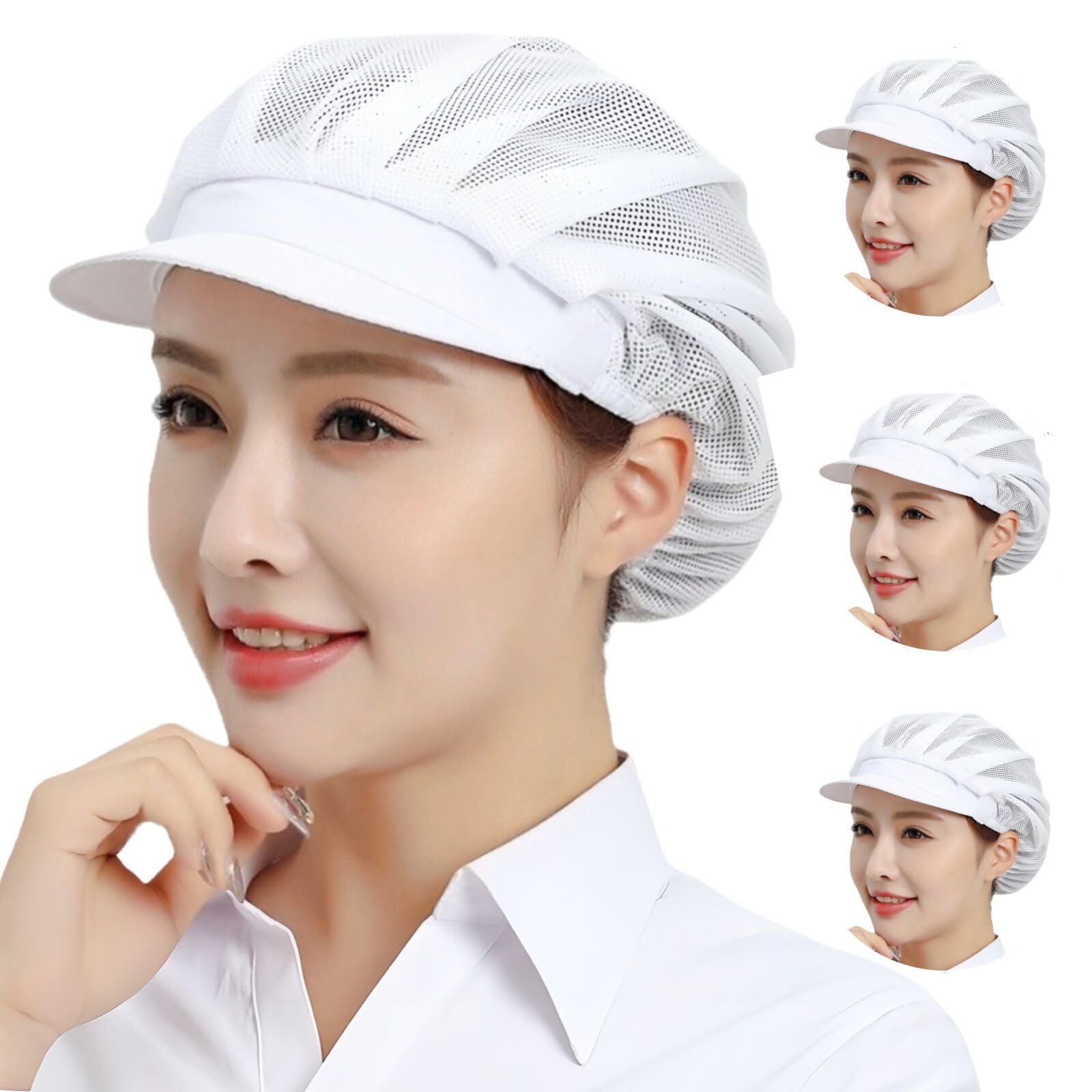 DUOYIJIN Mesh Chefs Hats 3PCS Unisex Elastic Hair Nets Restaurant Kitchen Cooking Hats Industrial Workshop Catering Caps Adjustable Reusable Food Service Hat for Waitress Workers Bakers, White