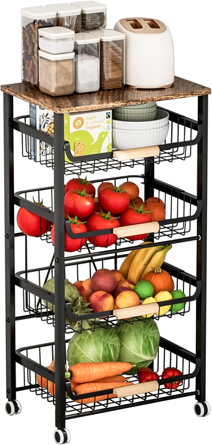 5-Tier Pull-Out Kitchen Storage Cart on Wheels, Fruit Basket, Bedroom Kitchen Organizer, White, 17x11.9x33.66 inches
