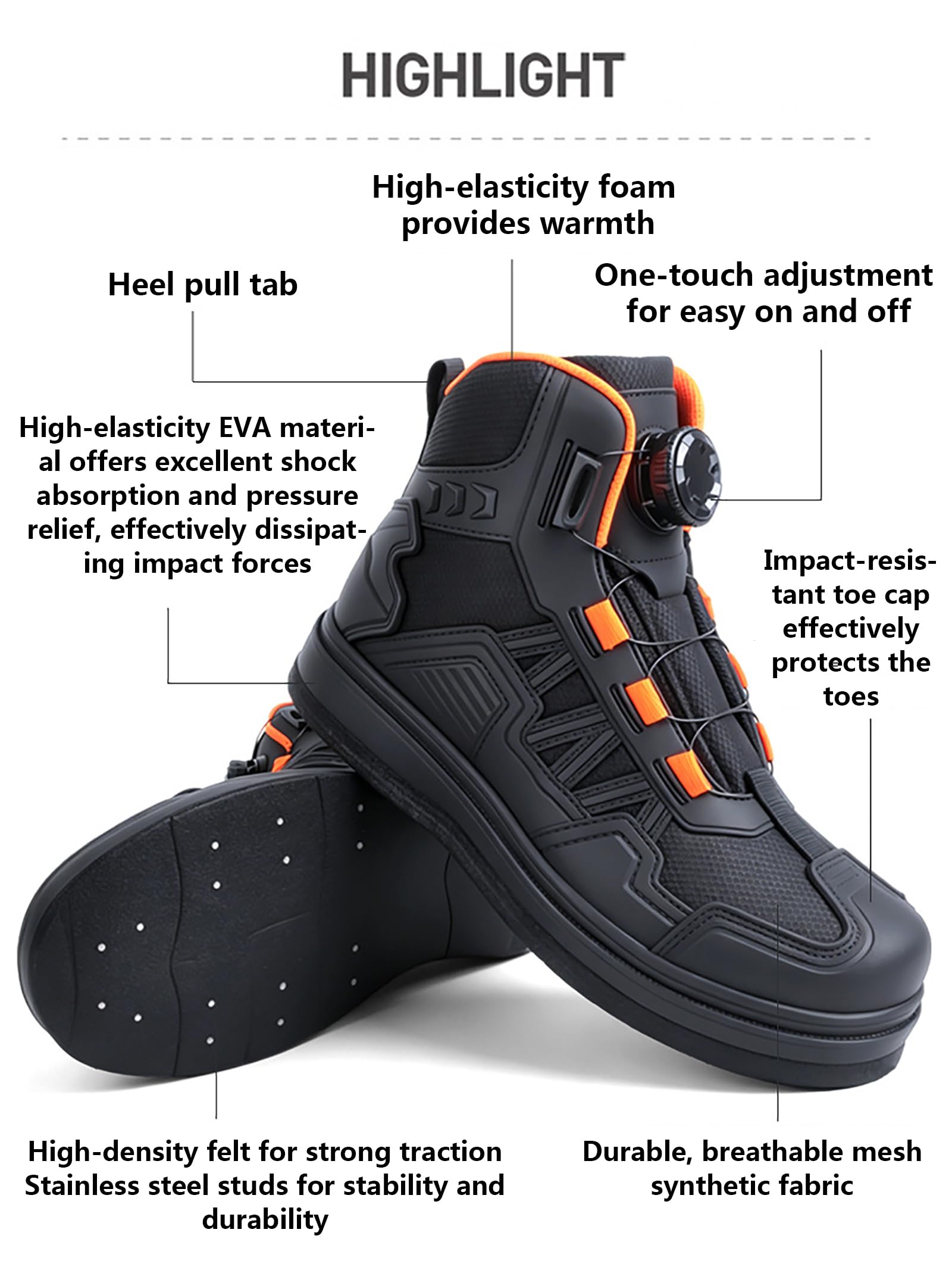 Męskie damskie buty filcowe do brodzenia, brzoskwiniowe buty | Wodoodporna KING TEX, stalowa podeszwa filcowa, szybkie sznurowanie, amortyzacja EVA, oddychająca cholewka, ochrona kostek