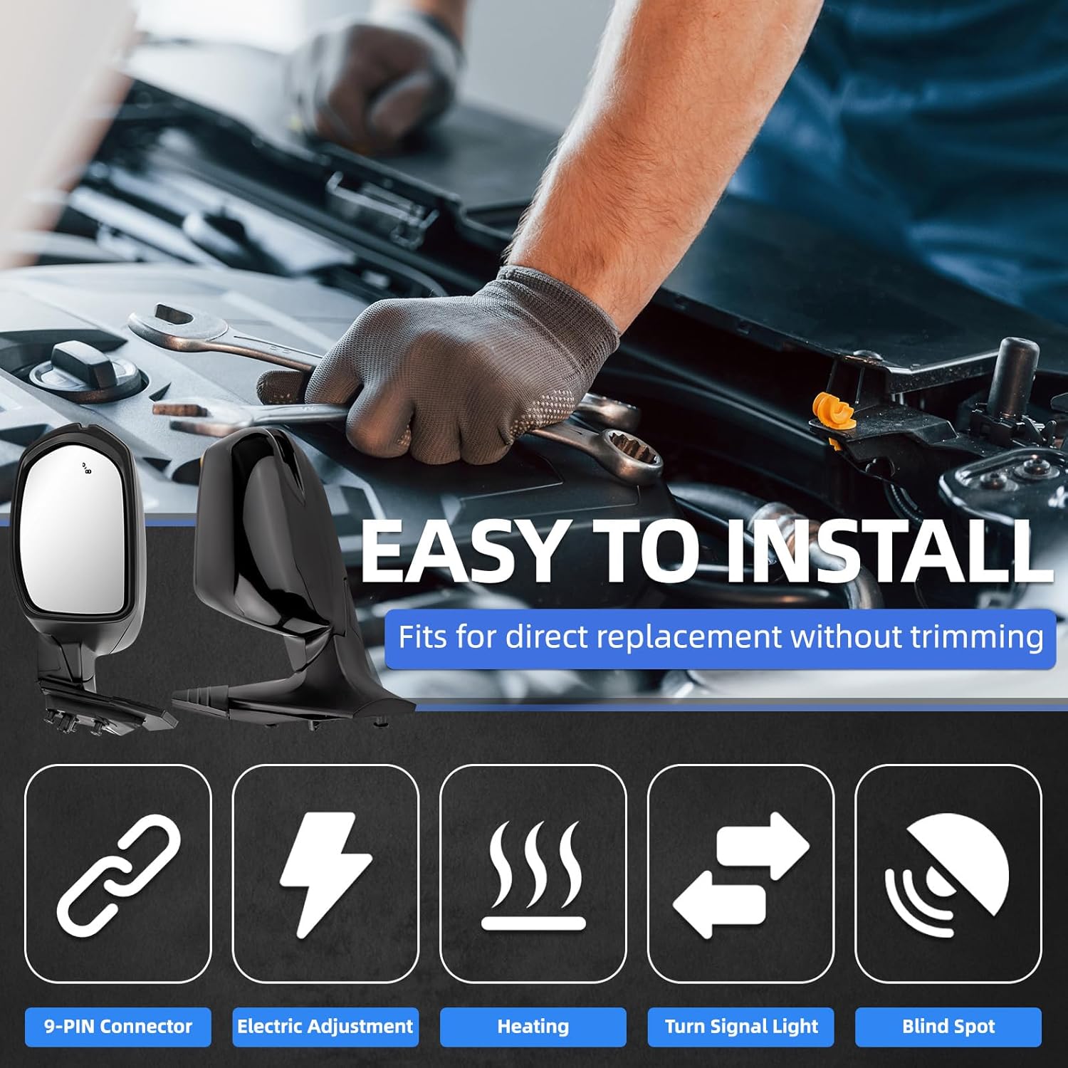 Left Driver Side Rear View Mirror Replacement for Honda CRV 2017-2022 - Rearview Mirrors Assembly with 9Pins, Electric Adjustment, Turn Signal Light, Heating, Blind Spot, Black