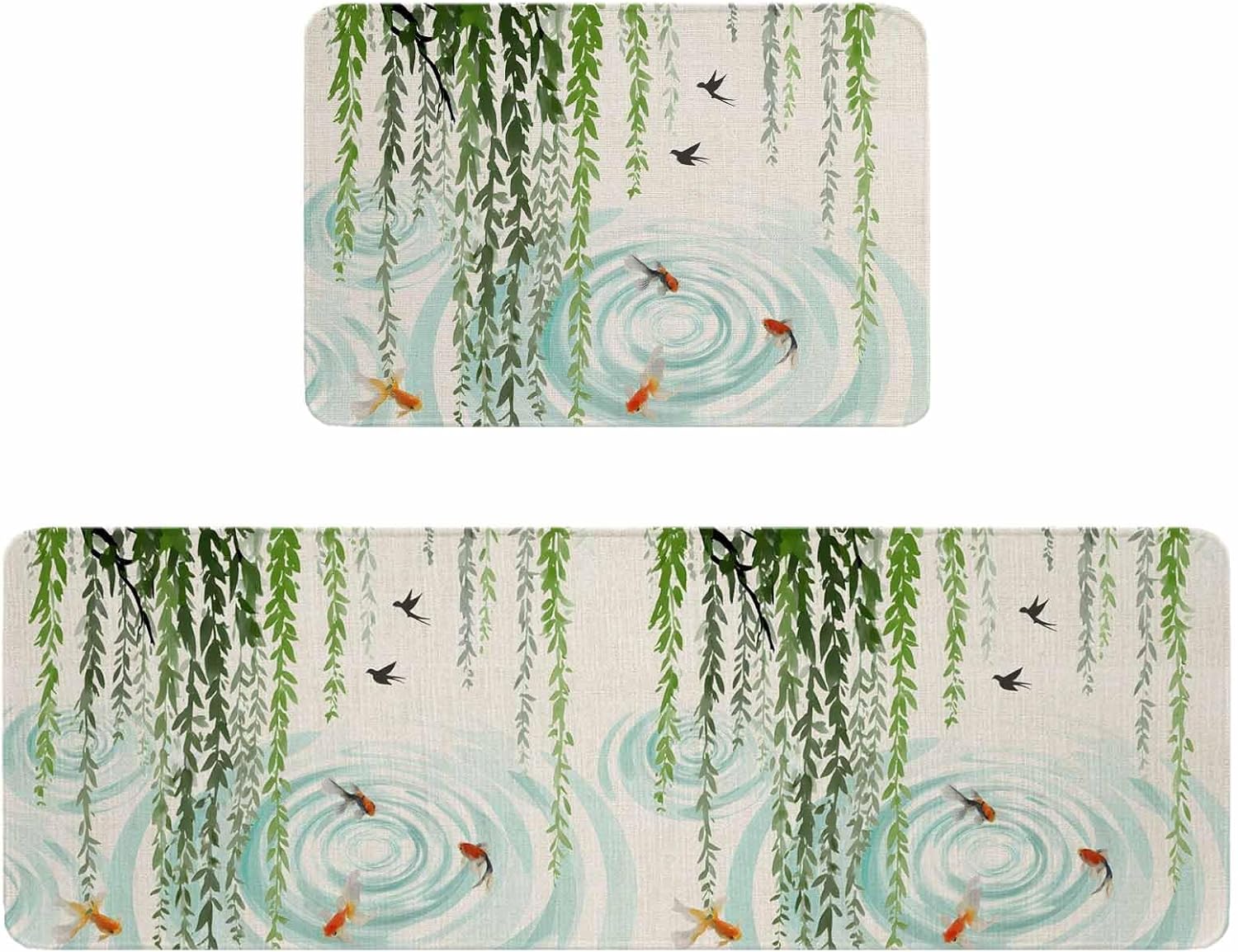 Spring Green Leaves Kitchen Rugs and Mats Set of 2, Non-Slip Kitchen Sink Mat, Japanese Koi Fish Birds Vintage Washable Doormat Bathroom Rugs Runner for Bedroom/Living Room 15.7"x23.6"+15.7"x47.2"