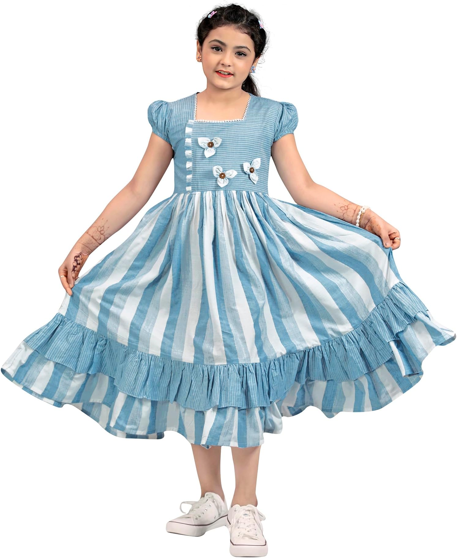 Girl's Cotton Blend Printed One Piece Dress|Western Casual Long Frock for Kids (FDGFRK00057-BLU-36_Blue_11-12 Years)