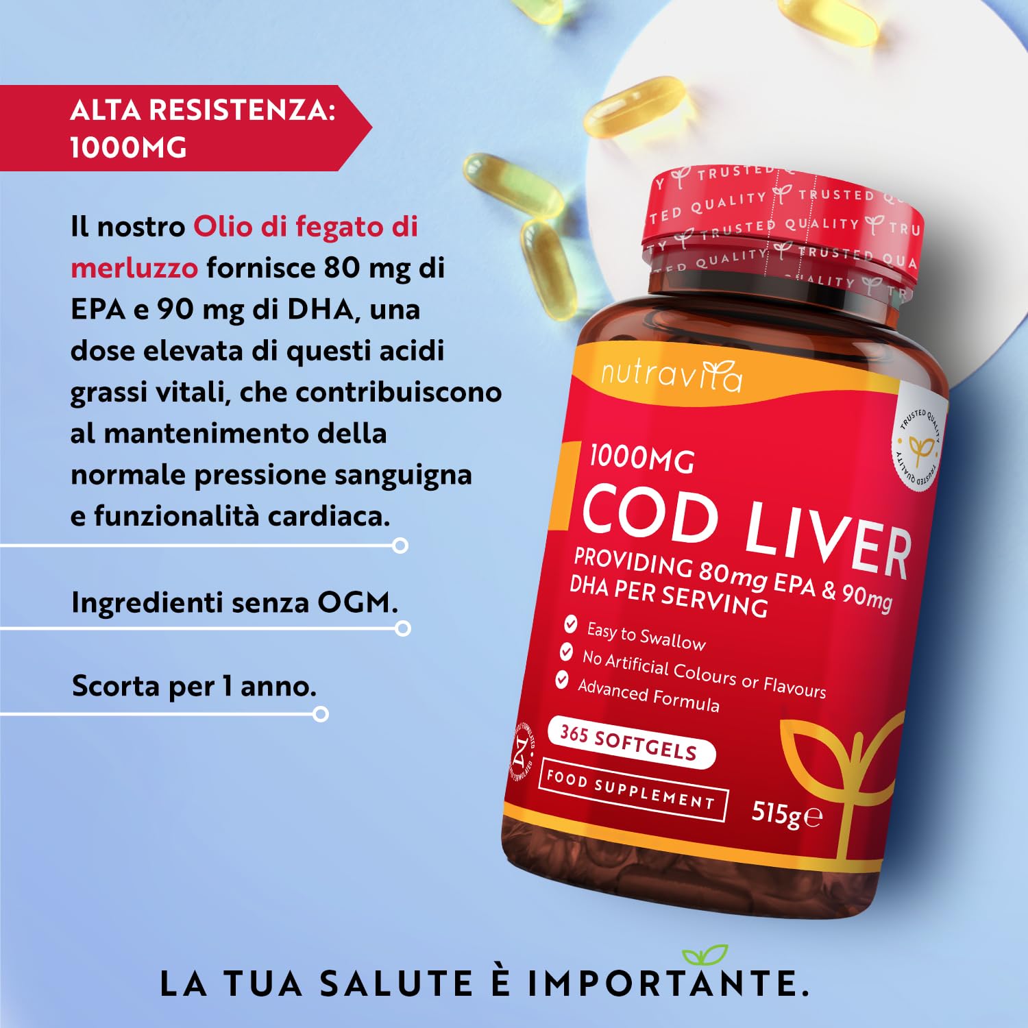Nutravita Olio di Fegato di Merluzzo Capsule 1000 mg - 365 Capsule Premium di Olio di Pesce - Omega 3 Alta Resistenza con Vitamine A, D, E e di Aglio - Supporta la Salute di Cuore e Cervello