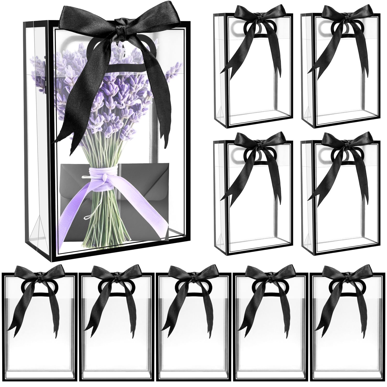 BadenBach 10 PCS Clear Gift Bags with Handles,7"x10"x3.2", Reusable Clear Party Favor Bags with Ribbon,Transparent Plastic Gift Bags for Bridal Party