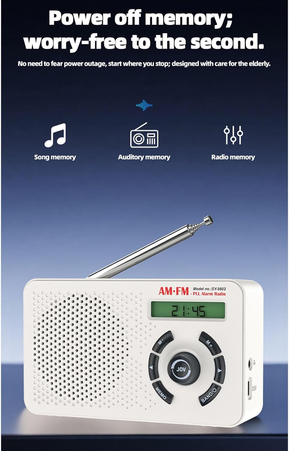 Portable FM AM SW Radio, Compact Built in 25CM External Antenna Dual Voice Coil Speaker 3.5mm Headphone Jack Memory Function Backlight Display