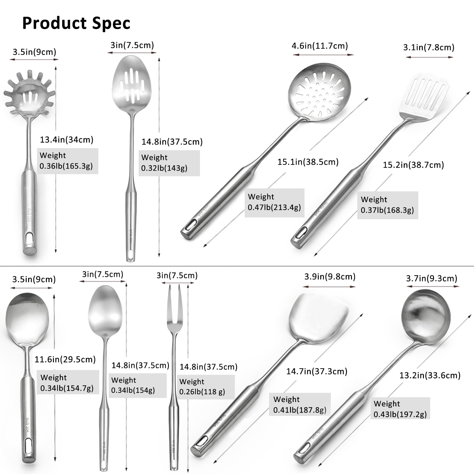 304 18/10 Stainless Steel Kitchen Utensils Set 9 Pcs Long Cooking Utensil, Spatula, Soup spoon, Leaking shovel, Ladle, Tunner, Pasta Server, Meat Fork Kitchen Tools Set (9 Pieces Set)