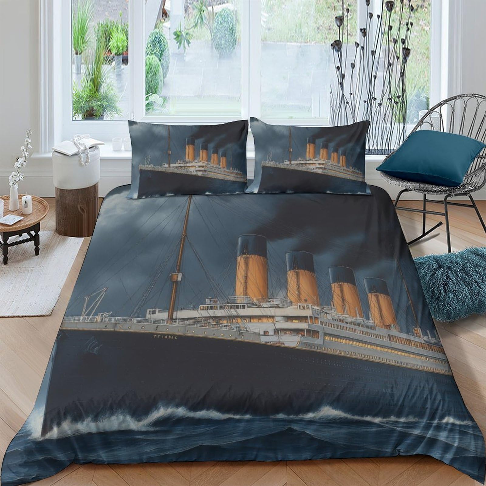 TUFRTGYHN 3D Printed Titanic Ocean Ship Duvet Cover Microfiber Soft Breathable Steamliner Quilt Cover Set with 2 Pillowcases for Bedroom Home Decor Single（135x200cm）