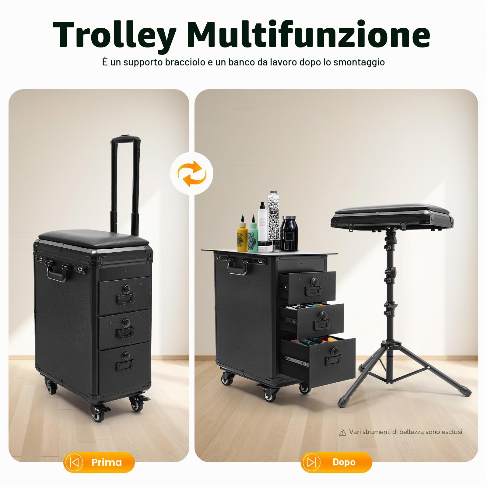 Valigetta cosmetica trolley con supporto braccioli, valigetta trucchi 3 cassetti serratura combinazione, banco lavoro, tatuaggio tavolo bellezza stand estetista