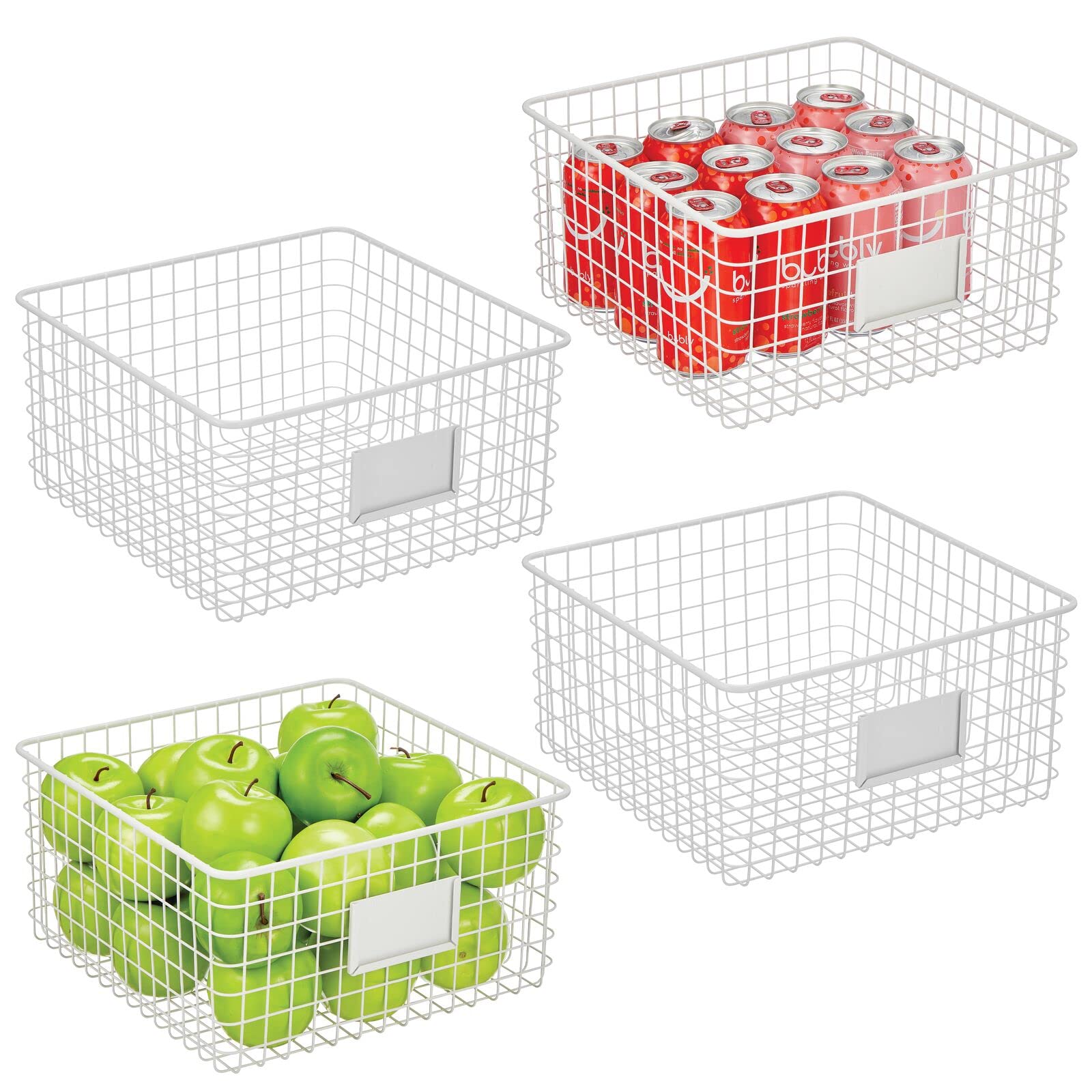 mDesign Square Steel Wired Storage Organizer Bin Baskets with Label Slot for Kitchen Pantry, Cabinet, Organizing Holder for Food, Drinks, Snacks, Produce, Omaha Collection, 4 Pack, White