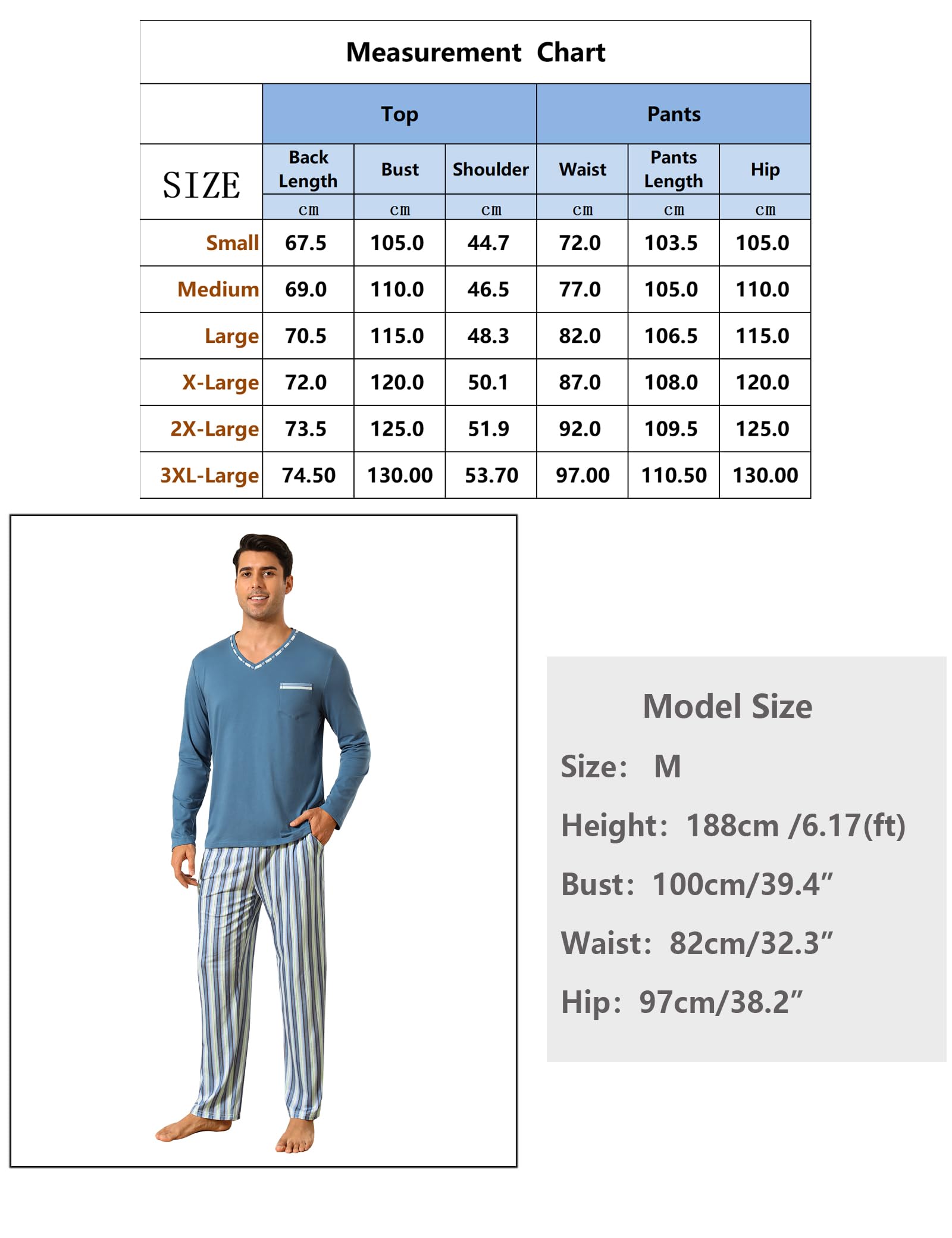 Demegimi Pijama Hombre Invierno Algodón Rayas Pijamas de Manga Larga para Hombres Conjuntos de Pijama de 2 Piezas Ropa de Dormir Cuello en V y Pantalones Largos Suaves