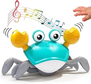 Deejoy Green Crawling Crab Toys with Light Up, Interactive Musical Toy with Automatically Avoid Obstacles, USB Rechargeable, Fun Moving Toy for Babies, Toddlers and Kids