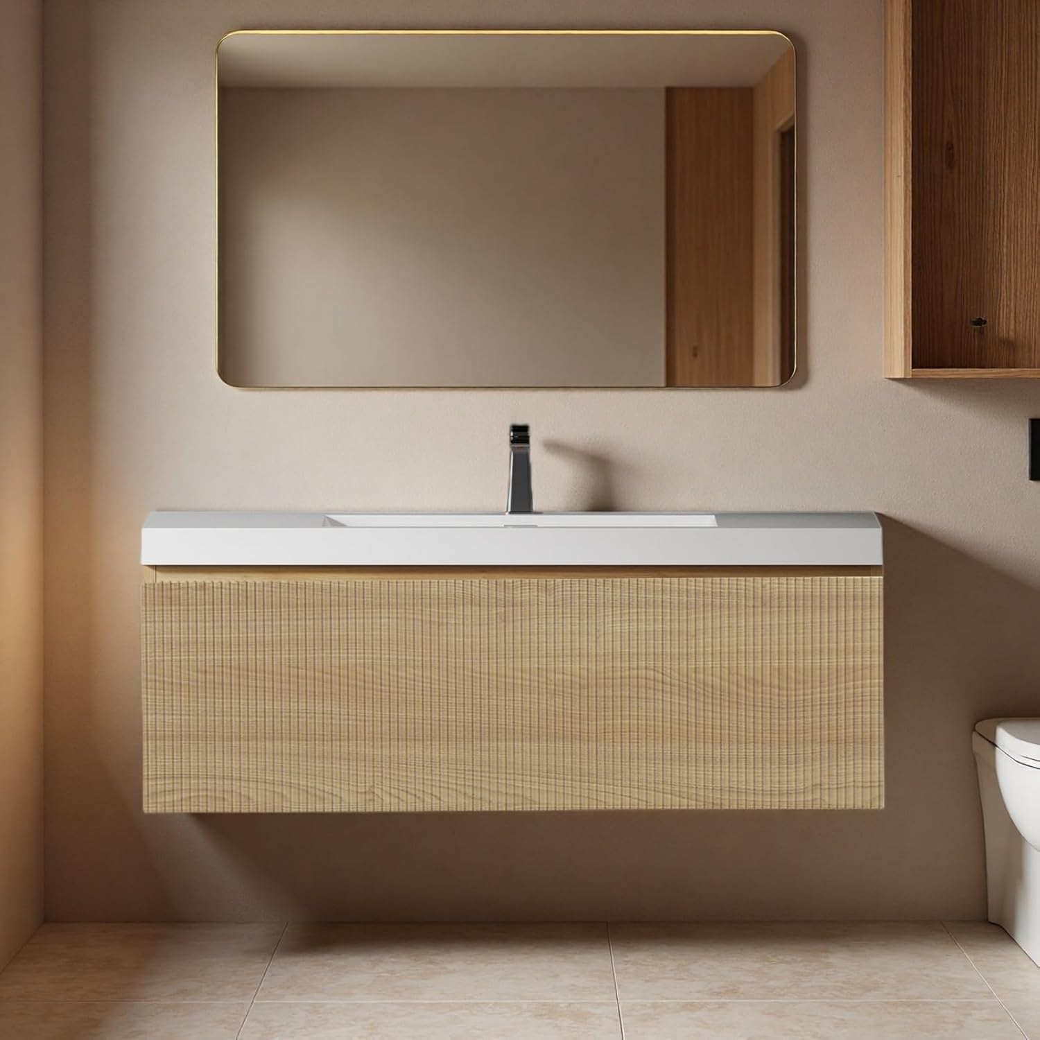 42" Bathroom Vanity with Sink, Floating Vanity with Resin Countertop & 1 U-Shaped Interiors, Wall-Mounted Bathroom Storage Cabinet with Soft-Close Drawers for Home, Easy to Clean, Wood