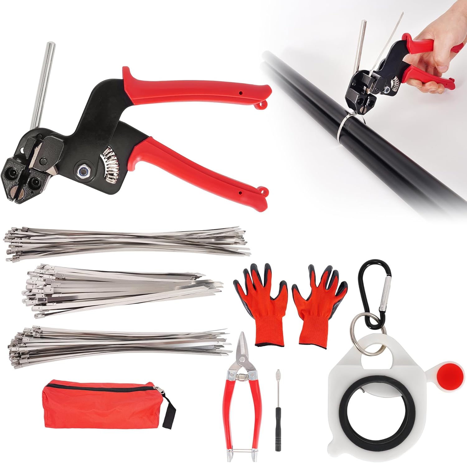 RUTU Stainless Steel Zip Tie Gun Set, All-in-one Stainless Steel Cable Tie Gun Set with 150pcs Zip Ties, Adjustable Resistant Heavy Duty Cable Ties for Exhaust Pipes Automotive Poultry Fence