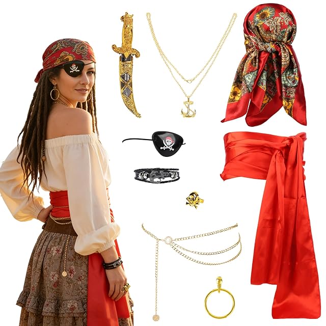 Atsmoce Conjunto de Accesorios para Disfraz Capitán Pirata Medieval para hombre y mujer, que incluye pañuelo