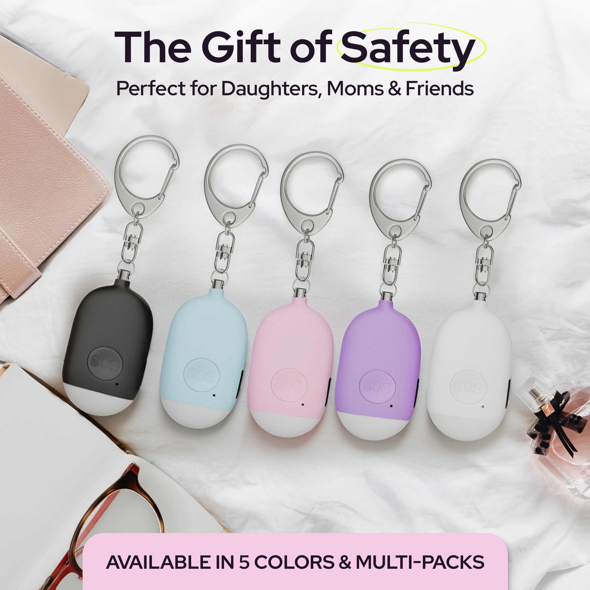 WETEN - Set di 3 portachiavi con allarme personale ricaricabile da 130 dB con sirena di emergenza autodifesa con torcia a LED, portachiavi SOS di sicurezza per le donne (rosa e blu e bianco)
