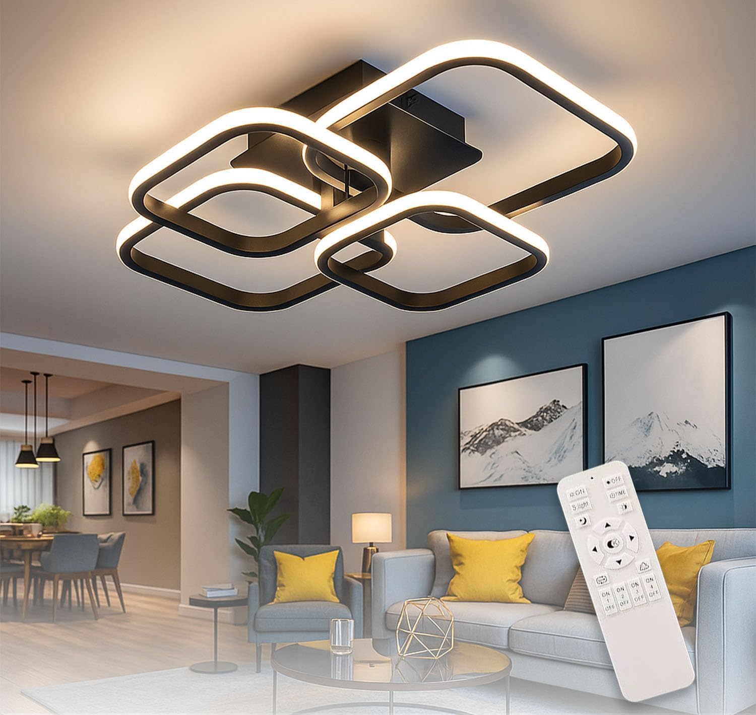 36W Dimmable Modern LED Ceiling Chandelier Light with Remote Control | 3 Colour Temperature (3000K/6500K) Flush Mount Fancy Square Ring Ceiling Lamp for Living Room Bedroom Hall Office Lighting-image-48